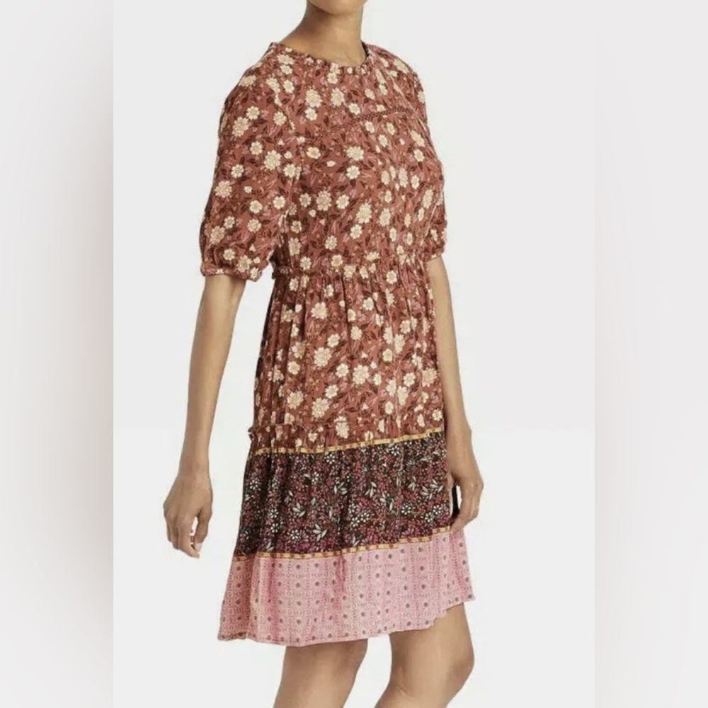 Floral mixed patterned tiered cottage dress